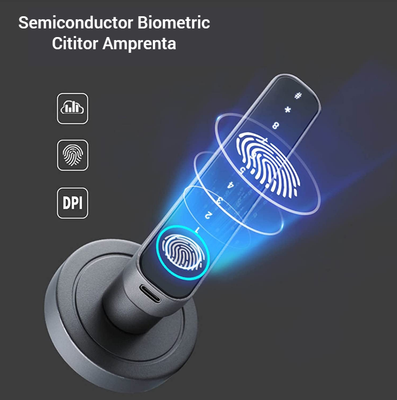 Incuietoare inteligenta Smart – Amprenta, PIN, cheie si aplicație Tuya, Android & iOS, Bluetooth, finisaj aluminiu negru