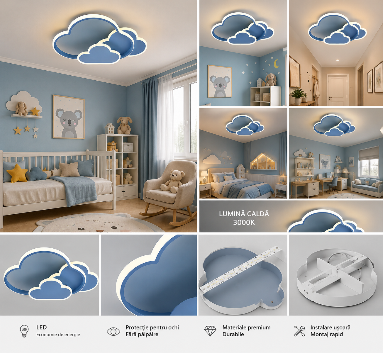 Lustră LED cu telecomandă, 2x43W, lumină reglabilă 3000K–6500K, 500×350×80 mm, design modern compact, albastru