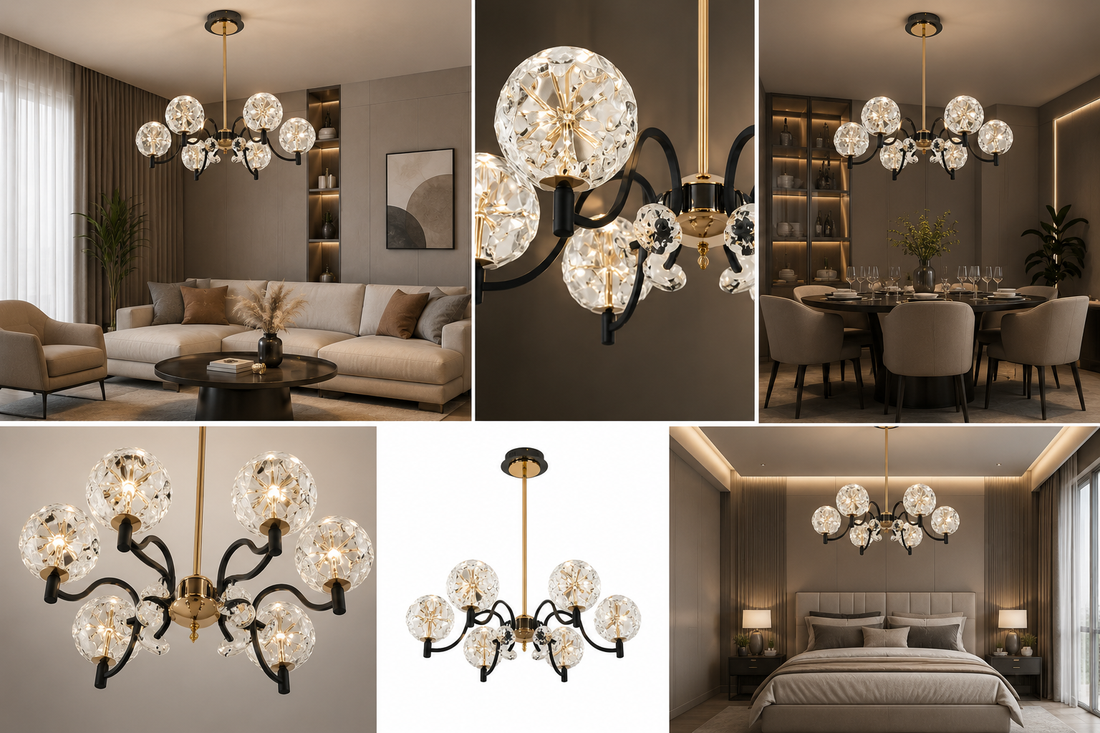 Candelabru Modern cu 6 Globuri din Sticl, LED 96W, L60 cm, Design Elegant Negru-Auriu