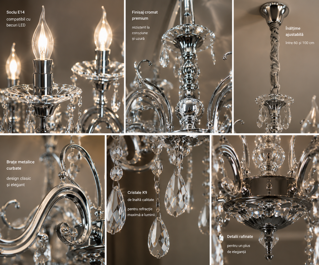 Candelabru Clasic Transparent, 8×E14, Ø71 cm, Stil Nobil și Cristale Decorative