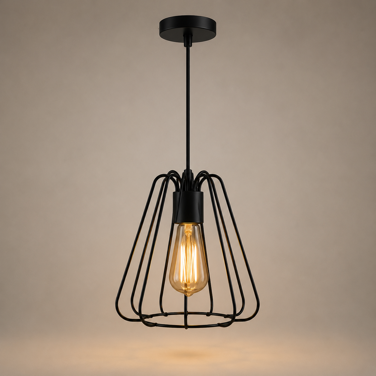 Pendul industrial modern, Ø215×H230 mm, 1xE27 max 60W, structură metalică neagră, fără telecomandă