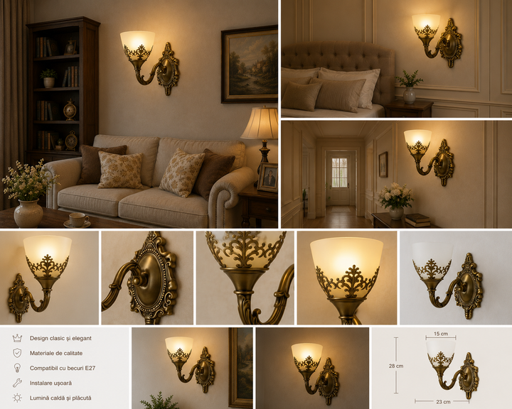 Aplica de perete clasică, 1 bec E27, L220×220×230 mm, finisaj bronz antichizat, cu decorațiuni vintage