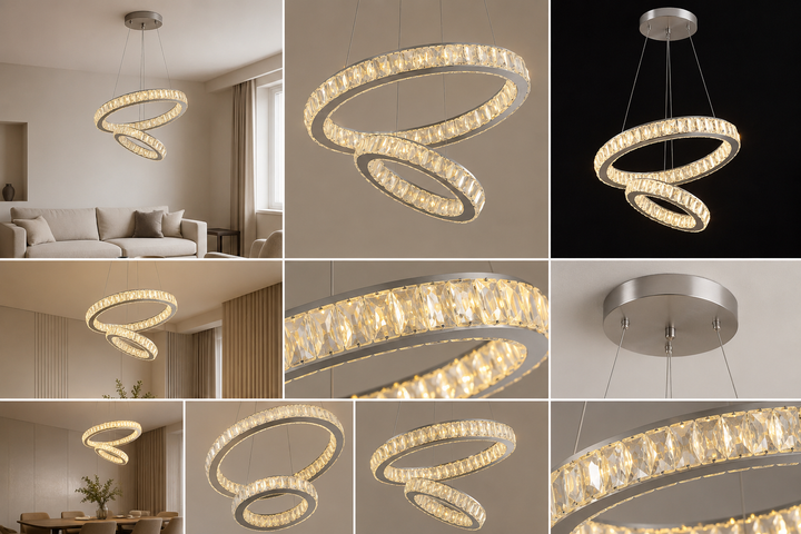 Pendul LED cu inele de cristal, 100W, Ø500 + Ø300 mm, înălțime reglabilă 1200 mm, lumină reglabilă 3500 K – 6500 K, telecomandă 2.4 G – model 751-5+3