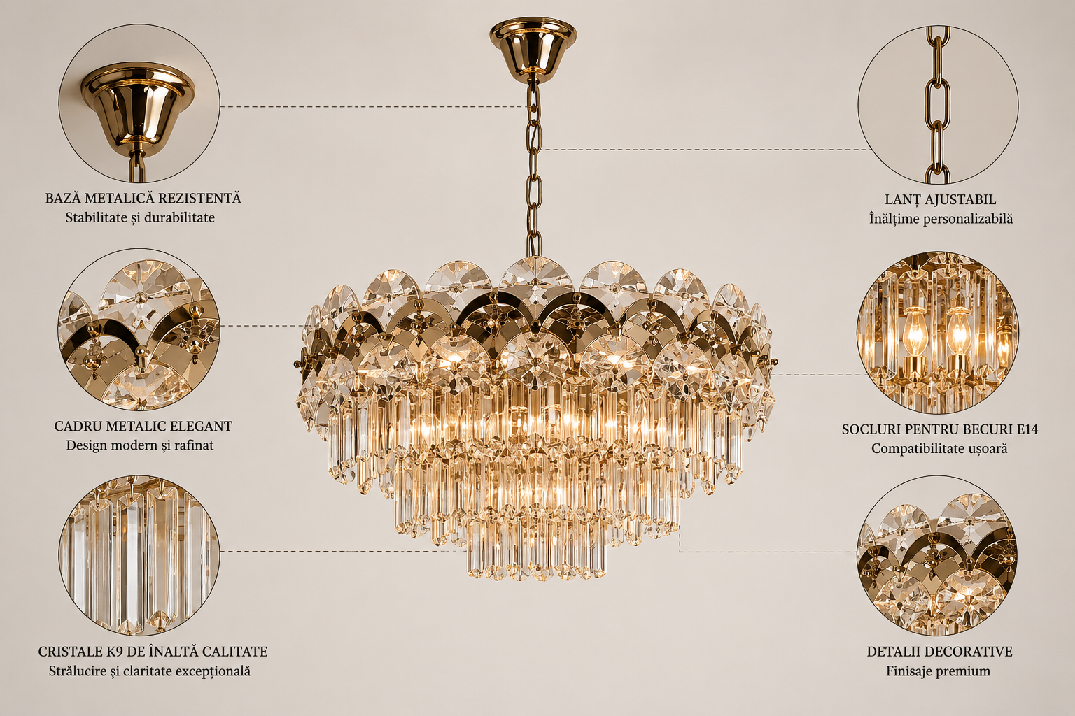 Candelabru Cristal Clasic 10 Becuri E27, Ø500 mm, Stil Elegant Vintage, Fara Telecomanda