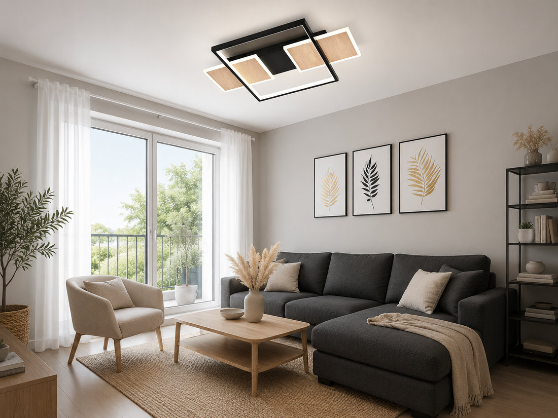 Lustra LED 9425/3 – Design Negru cu Accente de Lemn Natural