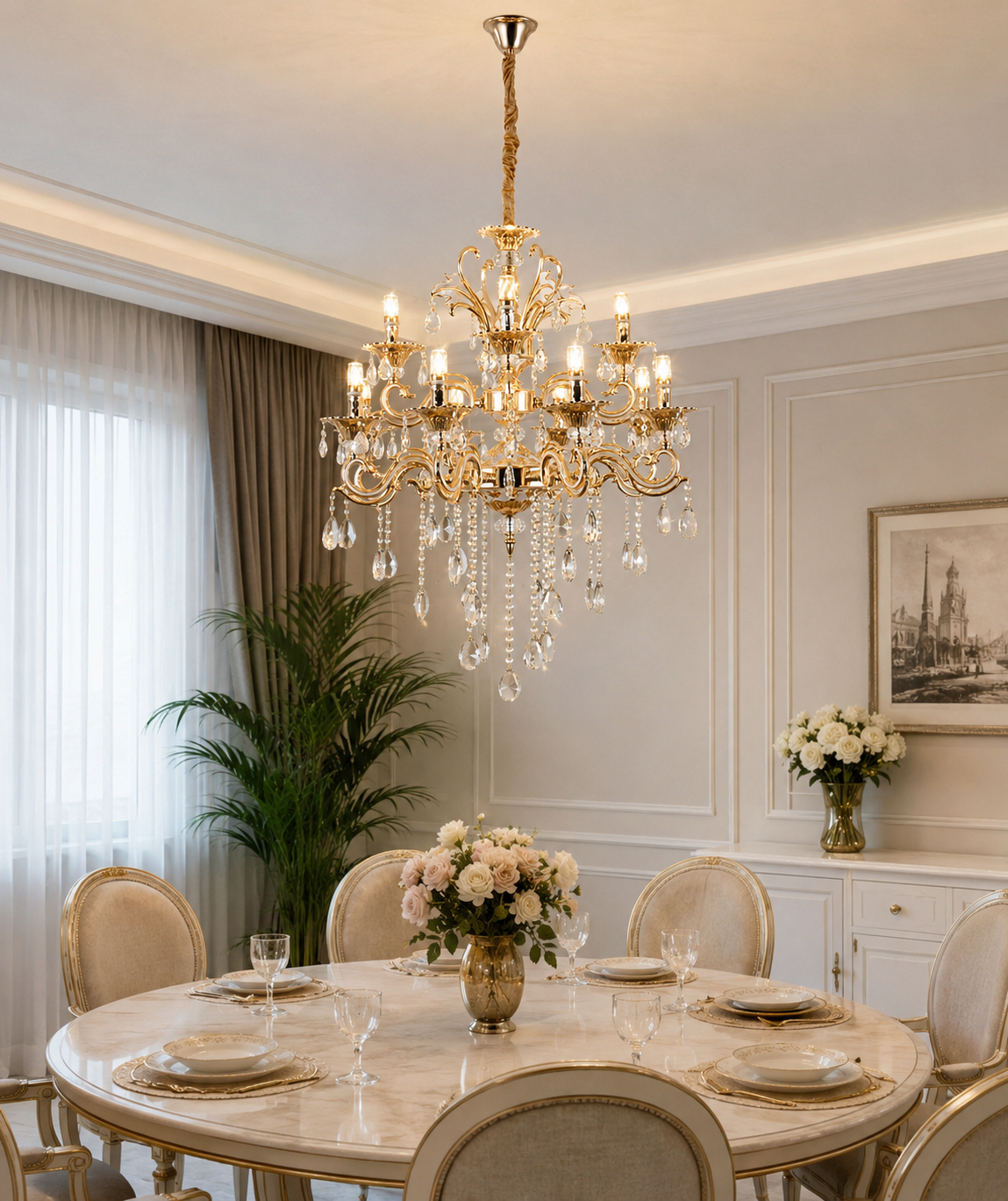 Candelabru clasic cu cristale, 8 brațe, Ø740×H980 mm, soclu E14, finisaj auriu lucios