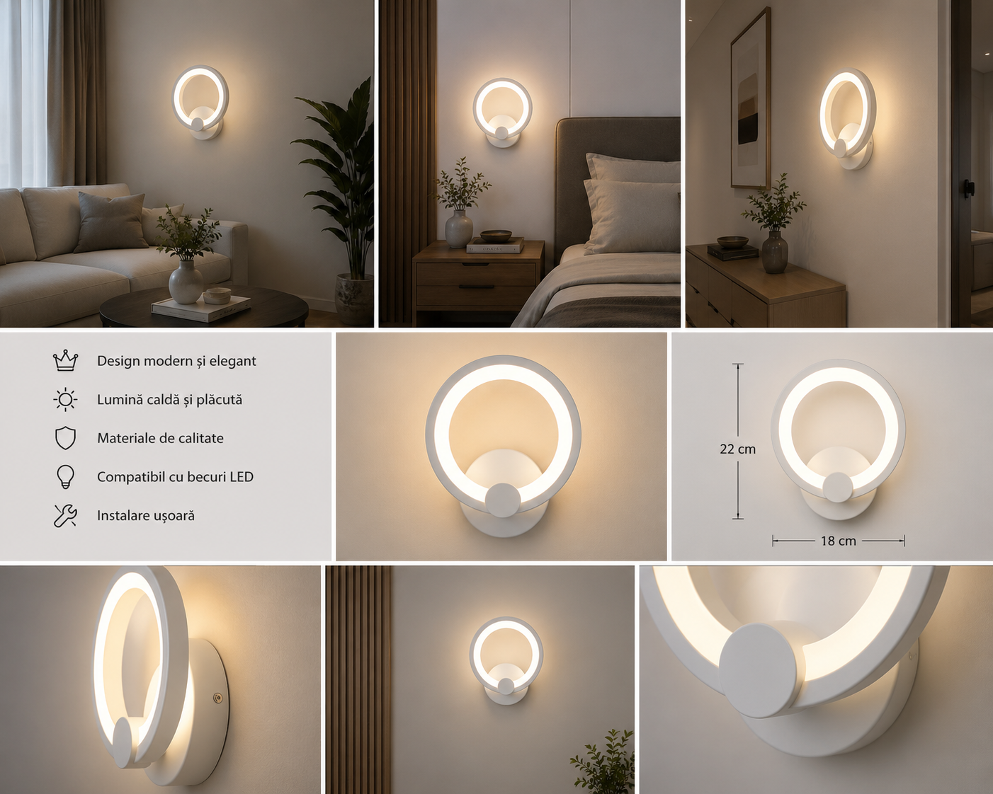 Aplica LED Albă 8067/1WH – Design Circular, 22W, 3000–6500K, Stil Modern