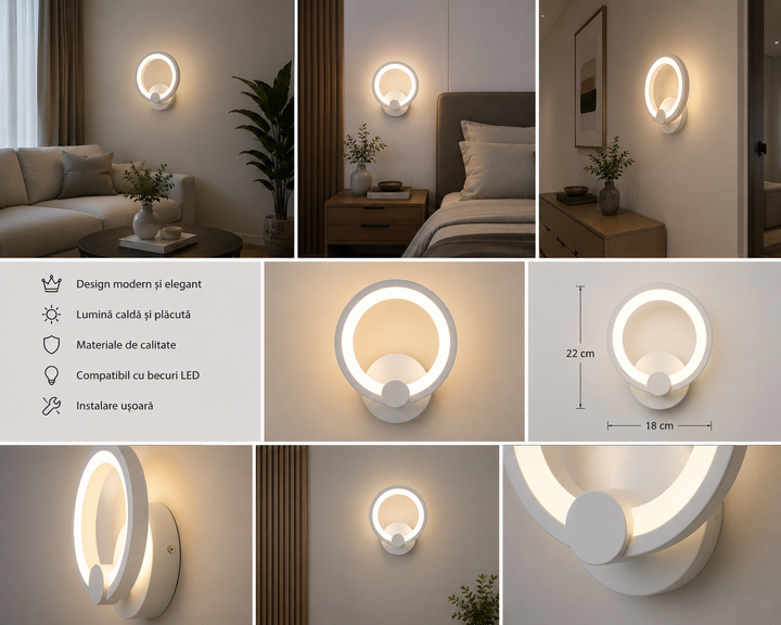Aplica LED Albă 8067/1WH – Design Circular, 22W, 3000–6500K, Stil Modern