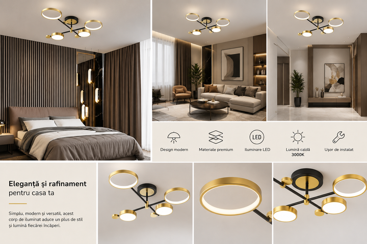 Lustra LED moderna 4 surse, 68W, 3 tipuri de lumina (rece/caldă/neutră), negru-auriu – IP21 8601/2+2