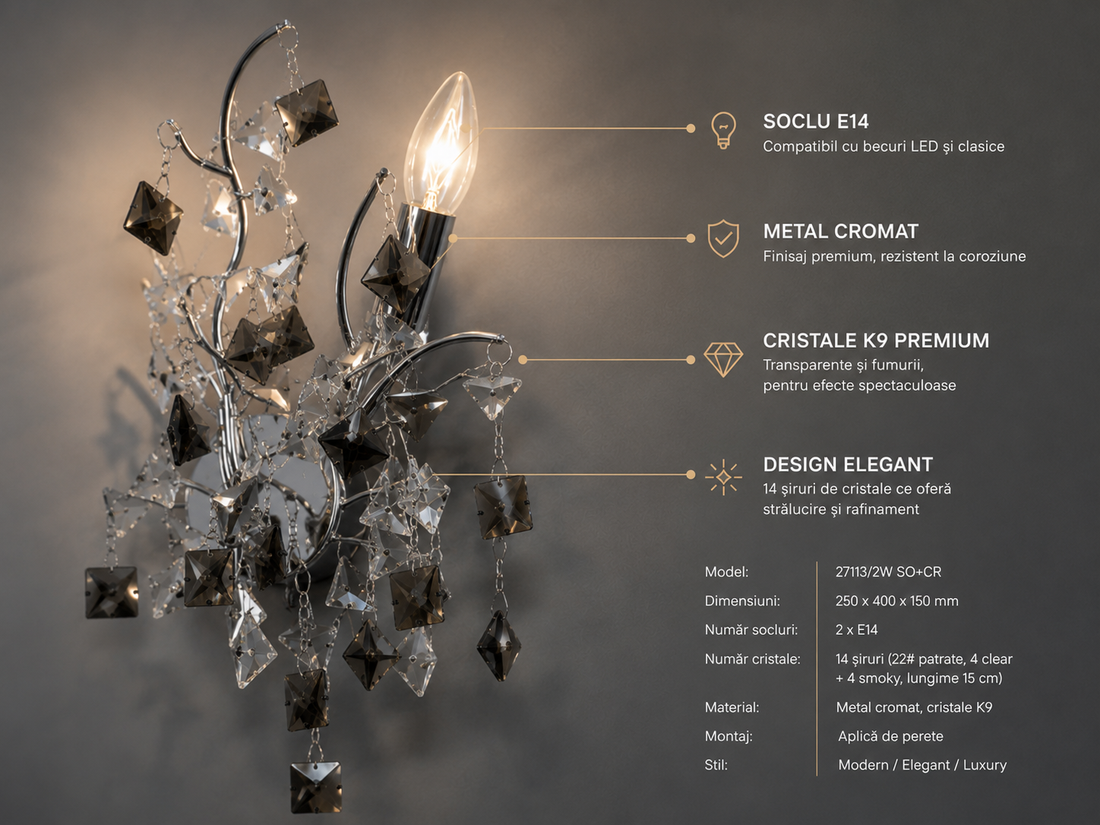Aplică de perete din cristal 2xE14 – Model 27113/2W SO+CR