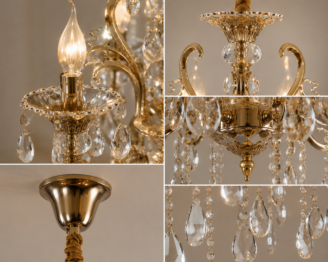 Candelabru clasic cu cristale, 6 brațe, Ø680×H940 mm, soclu E14, finisaj auriu lucios
