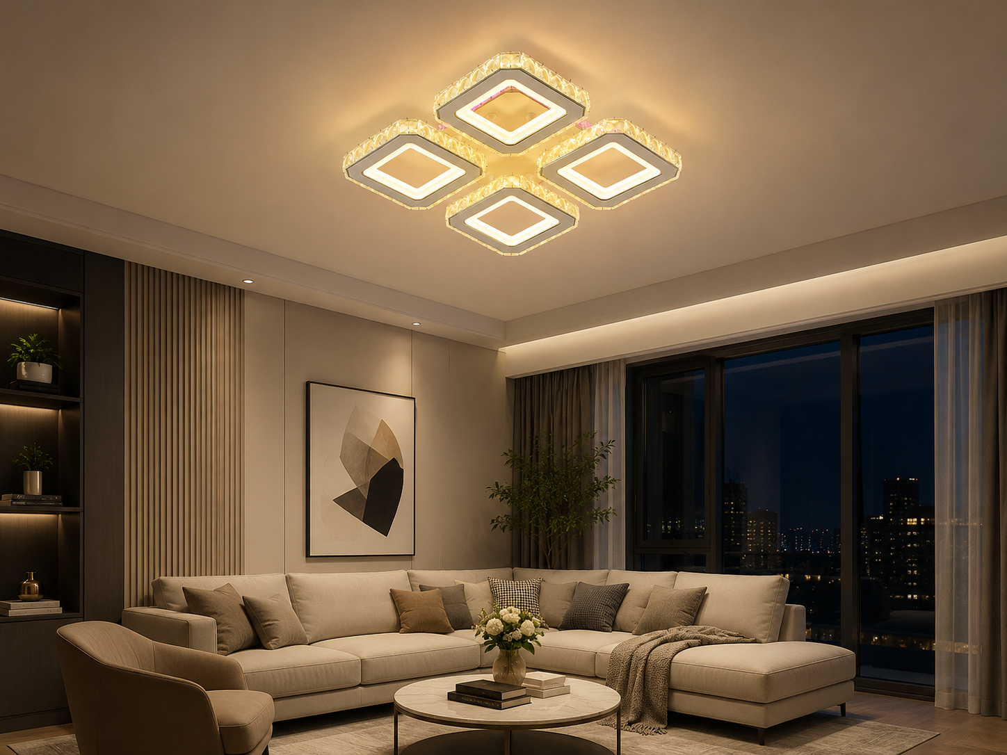 Lustra LED cu design geometric patrat, alb si crom – L7965/4CZ WH+CR