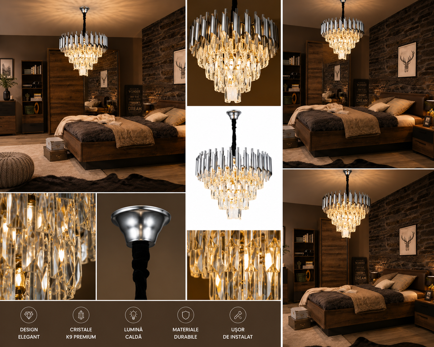 Candelabru modern 9001/400 CH, 4 x E27, diametru 40 cm, cristale și finisaj argintiu