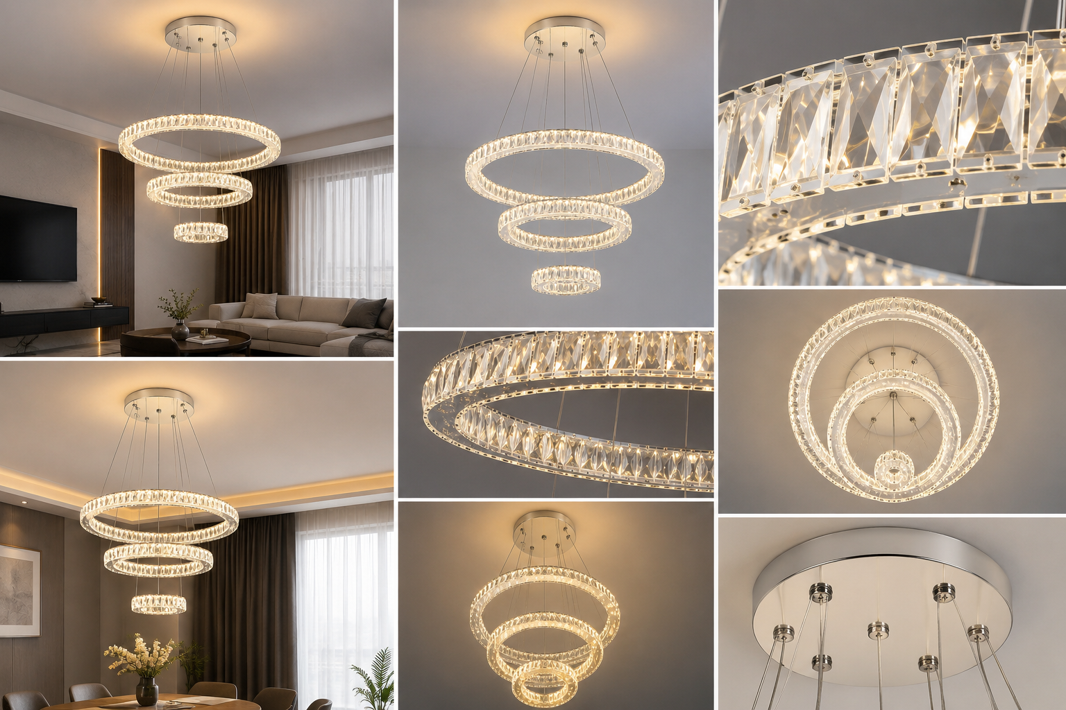 Pendul LED Cristal 3 Inele cu Telecomanda 2.4G, 120W, Ø60cm, Lumina Reglabila Alb Cald-Rece