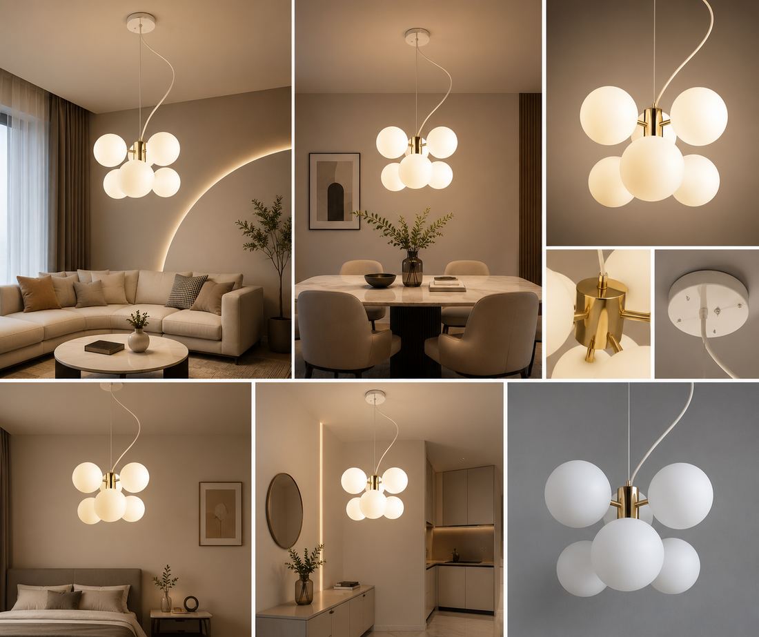 Pendul Modern cu 6 Globuri Opal, G9, 300×730 mm, Iluminare Decorativa