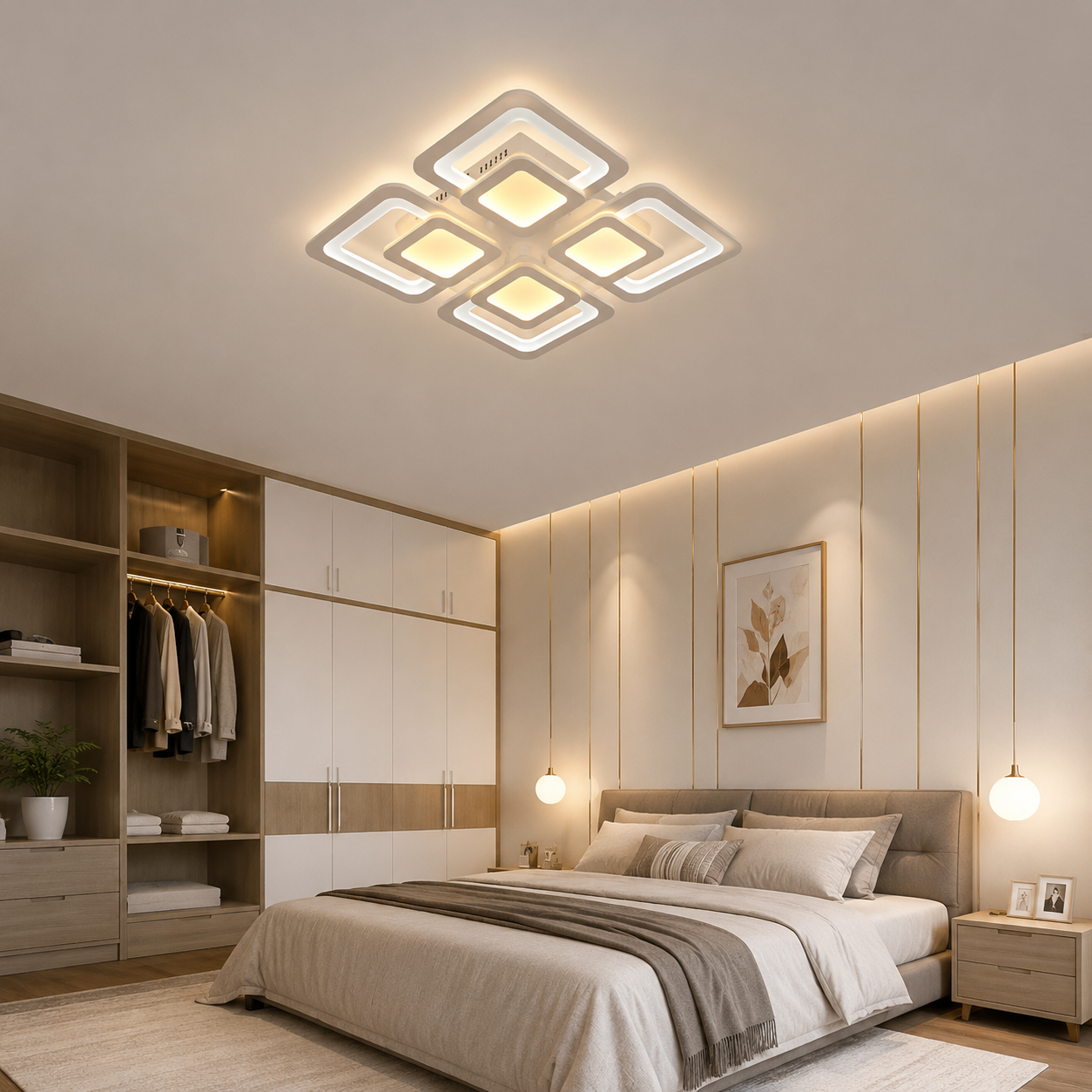 Lustra LED Modernă 8022/4WH – Design Geometric cu 4 Elemente, Alb, Telecomandă Inclusă