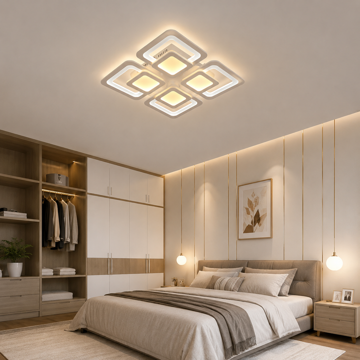 Lustra LED Modernă 8022/4WH – Design Geometric cu 4 Elemente, Alb, Telecomandă Inclusă
