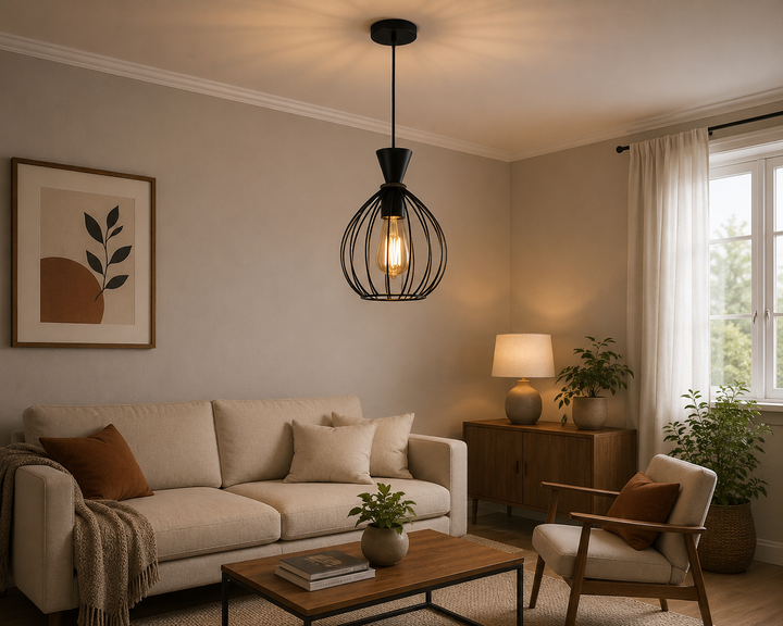 Pendul decorativ metalic, Ø180×H250 mm, 1xE27 max 60W, design rotund cu tije negre, fără telecomandă