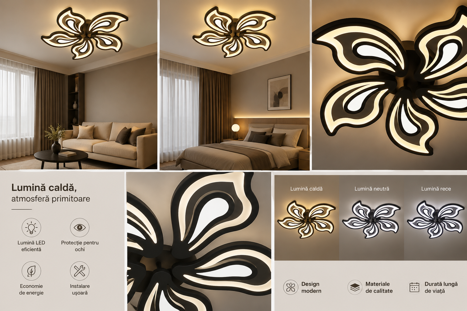 Lustră LED cu design floral, 150W, Ø690×H80 mm, lumină reglabilă 3000K–6500K, telecomandă inclusă