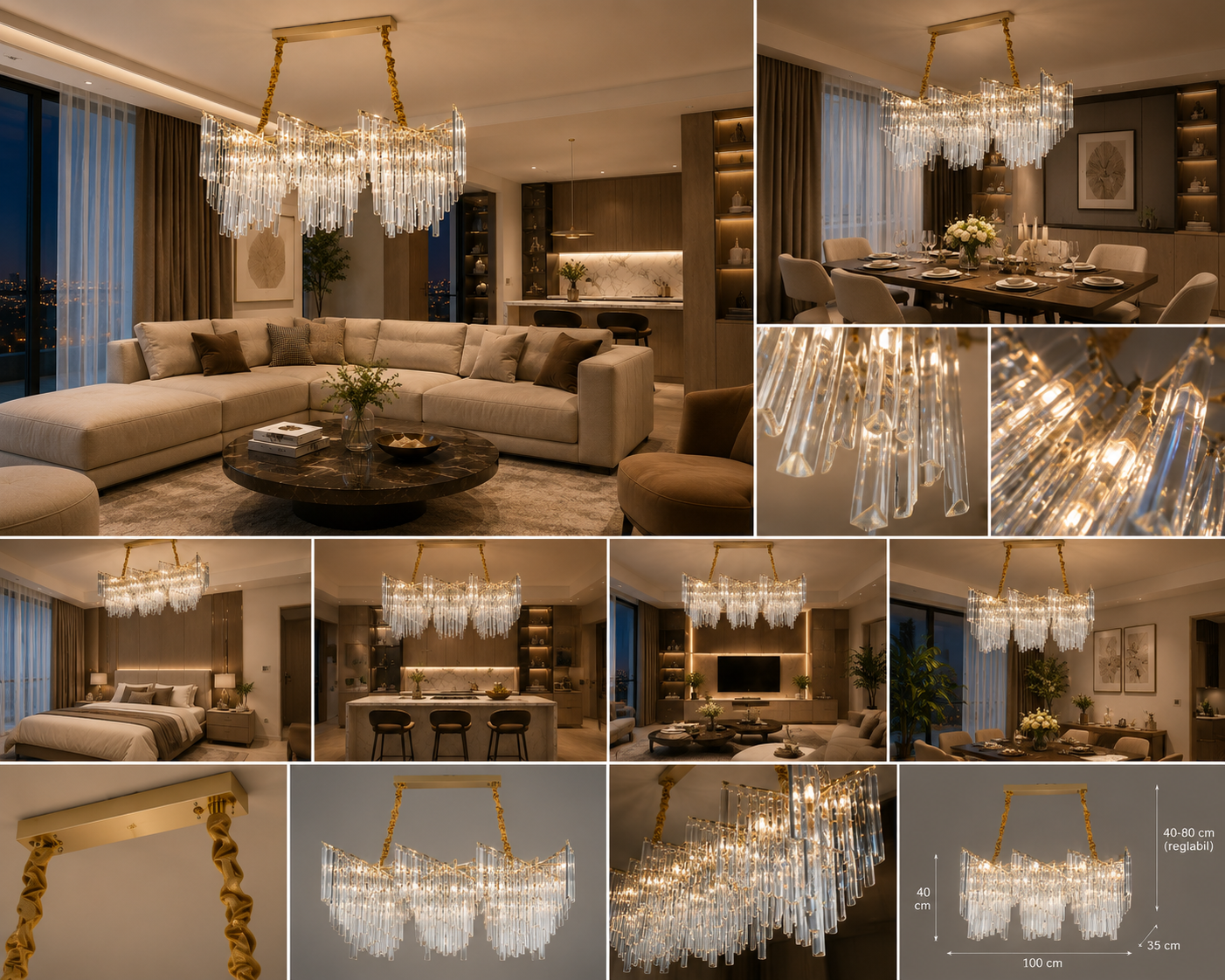 Candelabru decorativ cu 9 becuri E27, finisaj auriu, 800×300×400 mm, stil industrial-elegant 98068/800-300