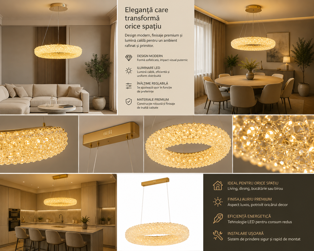 Candelabru LED Modern Auriu – Ø500 mm, 88W, Design Circular cu Cristale