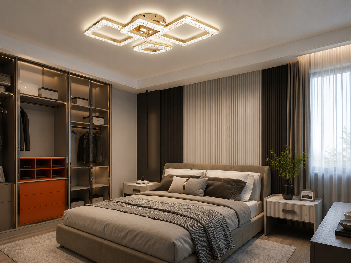 Lustra LED modernă T8001/2+2 FG cu telecomandă, 120W, lumină reglabilă 3300K-6500K