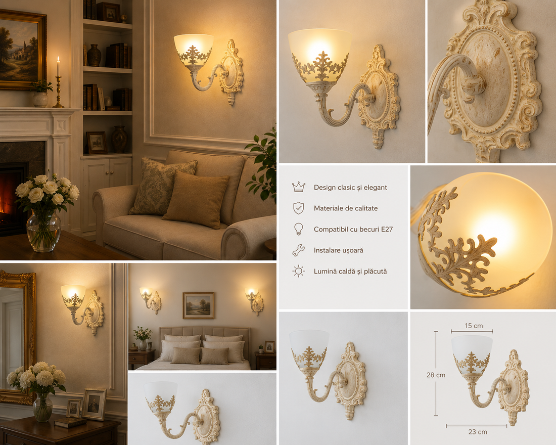 Aplica de perete vintage, 1 bec E27, L220×220×230 mm, finisaj alb-auriu, design ornamental clasic