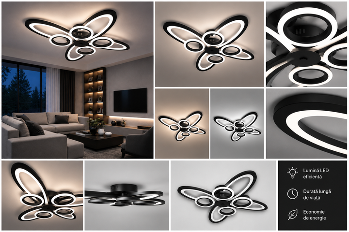 Lustra LED Neagra 8 Cercuri, 128W, 3000-6500K, Telecomanda Inclusa, Model L71591/4+4