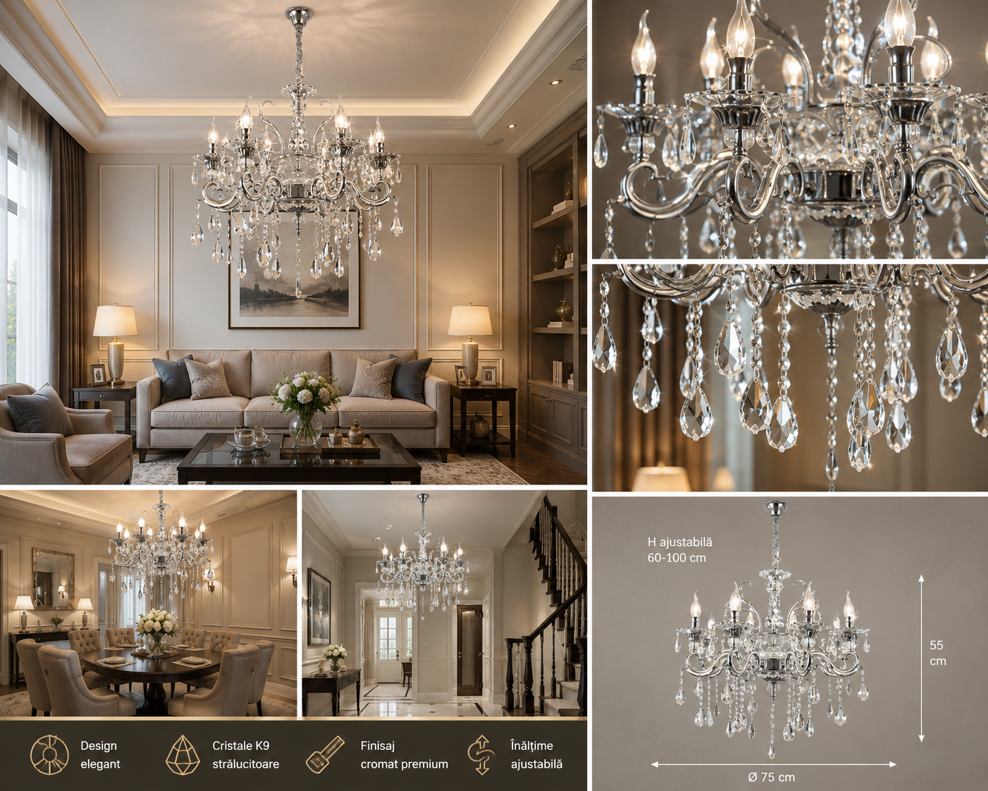 Candelabru Clasic Transparent, 8×E14, Ø71 cm, Stil Nobil și Cristale Decorative