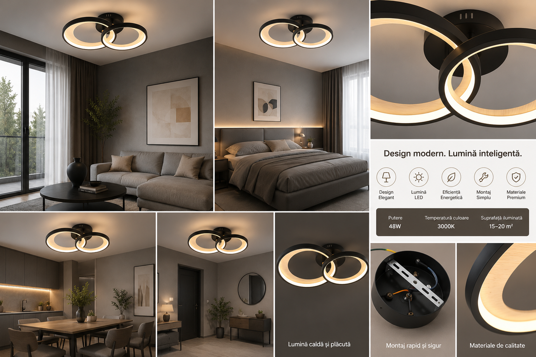 Lustra LED dublă 2x31W cu telecomandă, 435×285×90 mm, lumină reglabilă 3000–6500K – model 9431/2 BK+Wood grain