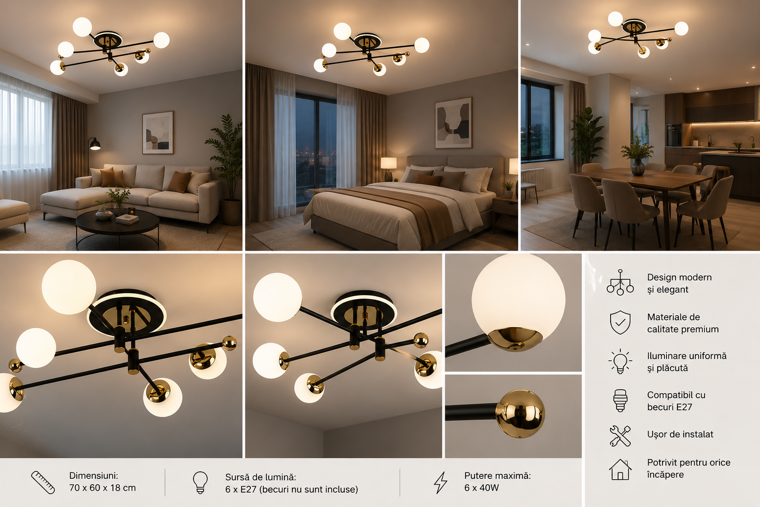 Lustră LED modernă negru & auriu 78W, lumina reglabilă – 73043/6BK+FGD