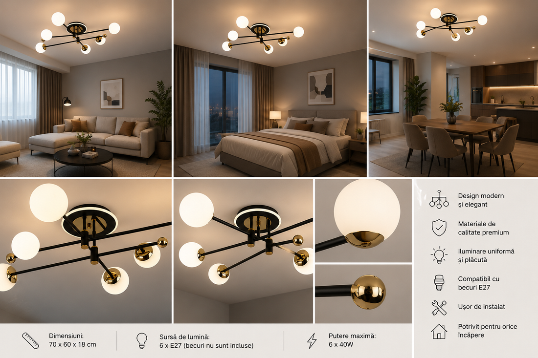 Lustră LED modernă negru & auriu 78W, lumina reglabilă – 73043/6BK+FGD