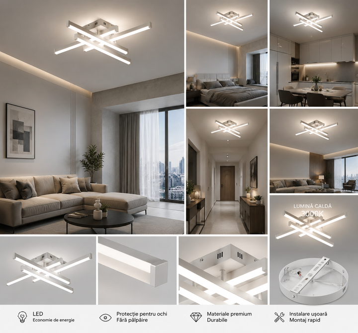 Lustra LED cu telecomandă, 650×650×110 mm, 80W, 3300K–6500K, finisaj alb, 2825/4