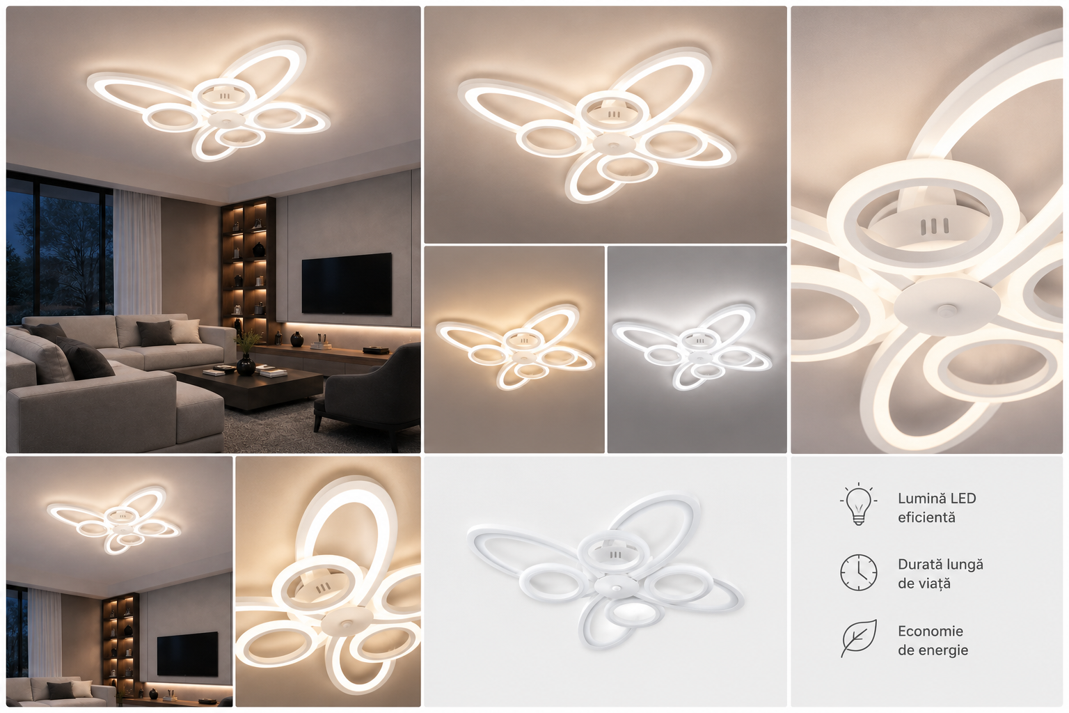 Lustra LED Alba 8 Cercuri, 128W, 3000-6500K, Telecomanda Inclusa, Model L71591/4+4