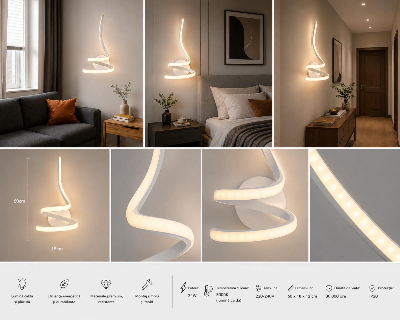 Aplica LED verticală decorativă, 17 W, Ø ≈ 190 mm, înălțime 360 mm, temperatură reglabilă 2800–6500 K – model SX8786 WH