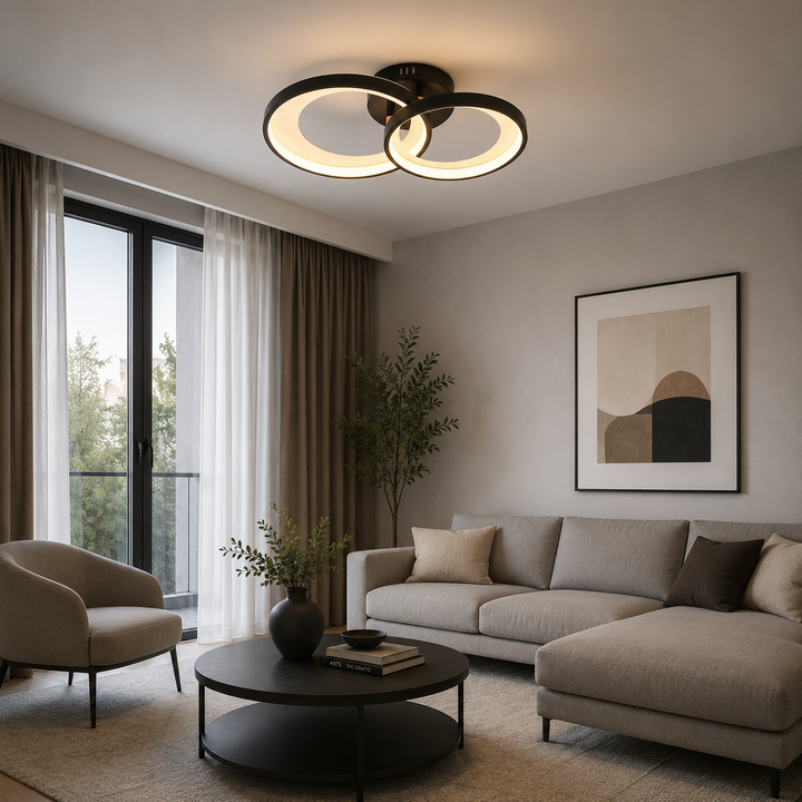 Lustra LED dublă 2x31W cu telecomandă, 435×285×90 mm, lumină reglabilă 3000–6500K – model 9431/2 BK+Wood grain