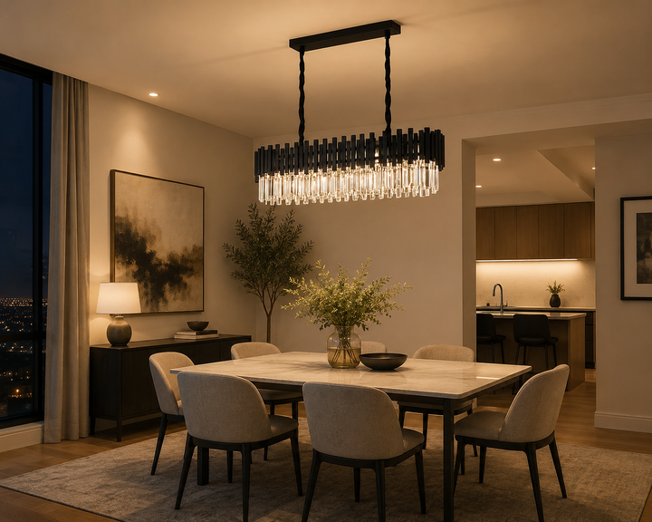 CANDELABRU NEGRU CU CRISTALE, 8×E27, 3211/800+300 CM, DESIGN ELEGANT