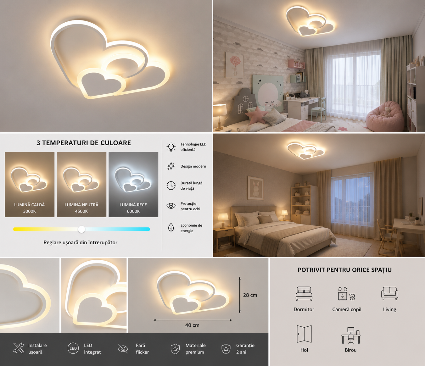 Lustră LED cu telecomandă, 76W, lumină reglabilă 3000K–6500K, 500×350×80 mm