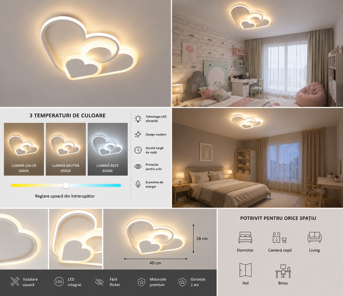 Lustră LED cu telecomandă, 76W, lumină reglabilă 3000K–6500K, 500×350×80 mm