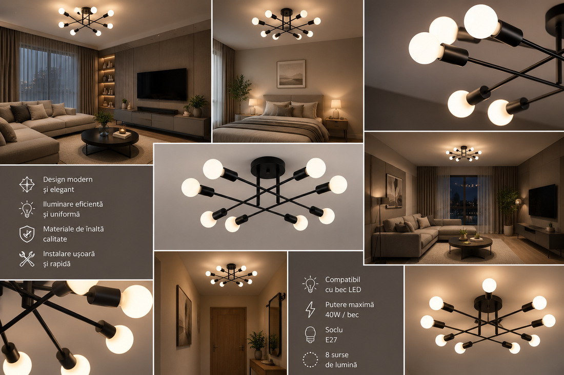 Lustra cu bec modern neagră cu 8 becuri – Design minimalist E27 – 9855/8