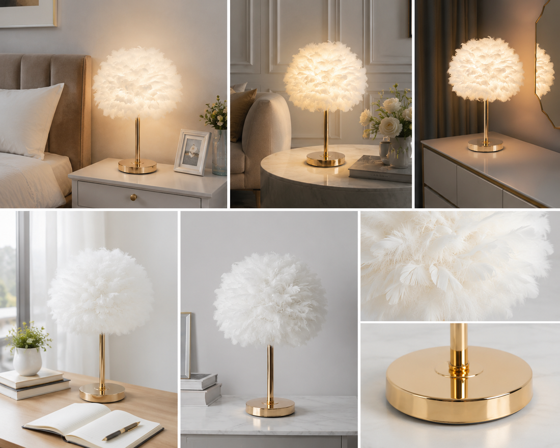 Veioza Decorativa cu Pene Albe si Baza Aurie, E27, 8736WH