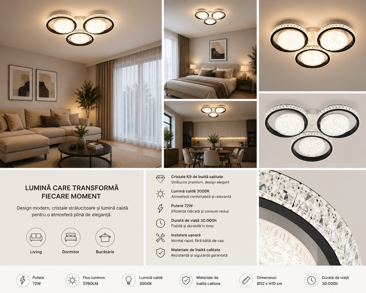 Lustra LED moderna cu 3 inele, 540×70 mm, telecomandă, model 26232/3+3 WH