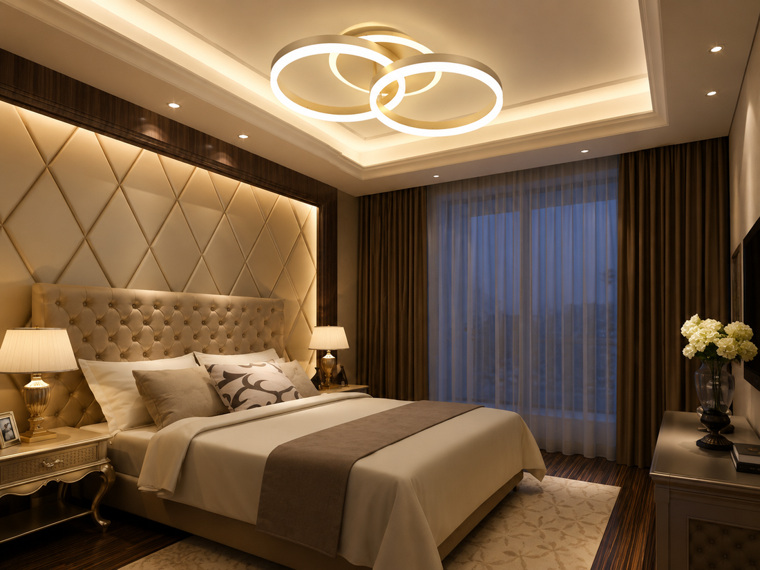 Lustră LED cu 2 cercuri, 90W, Ø700×H500 mm, lumină reglabilă 3000K–6500K, telecomandă 2.4G, finisaj auriu GD