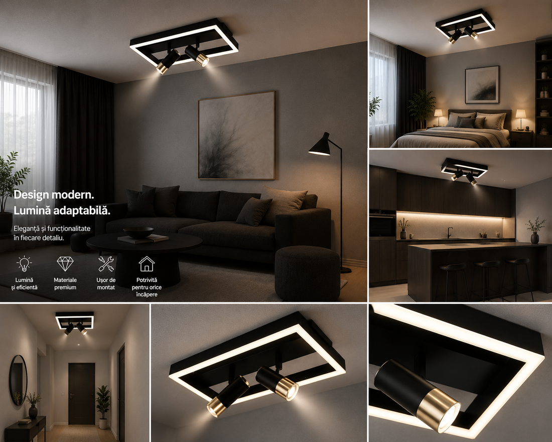 Lustra LED 41cm 62W Negru+Auriu cu 3 Elemente și Telecomandă – Model 9347/3BK+FG