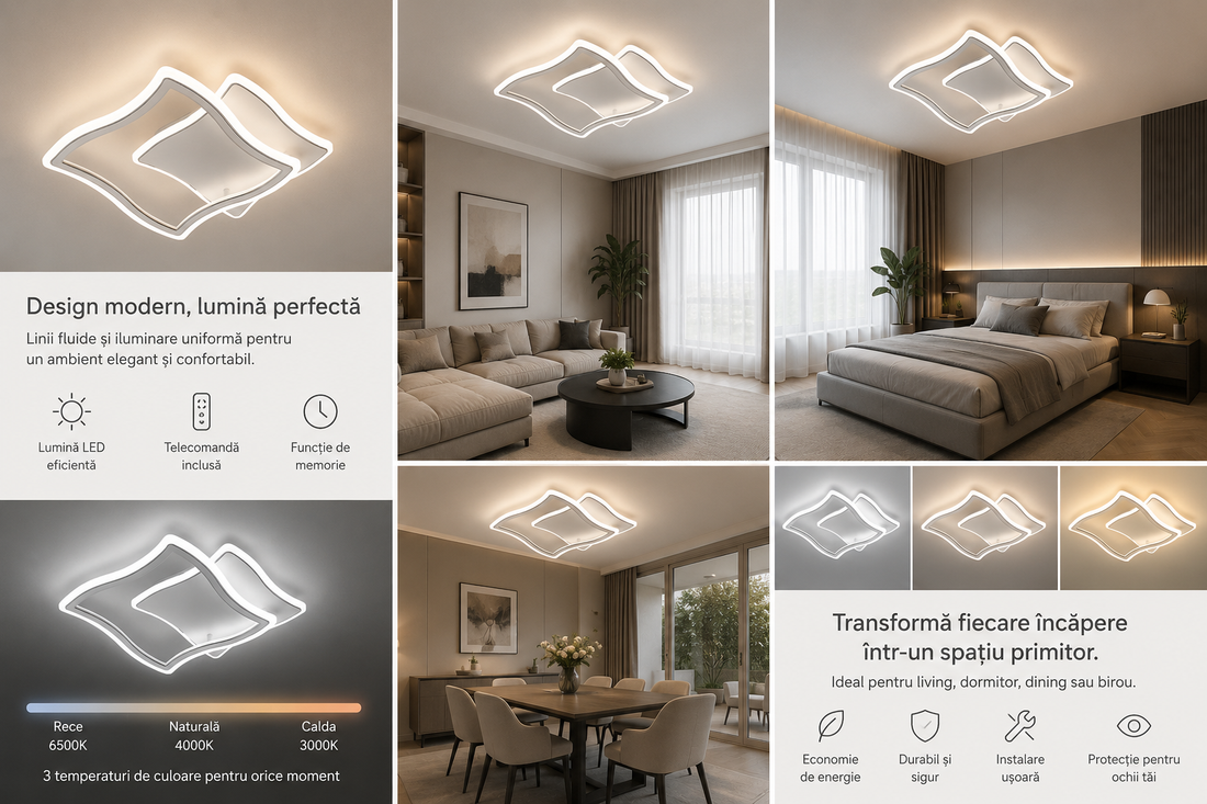 Lustra LED 114W cu telecomandă, design modern pătrat, 590x580x90 mm, lumină reglabilă 3000–6500K – model 19455/3B