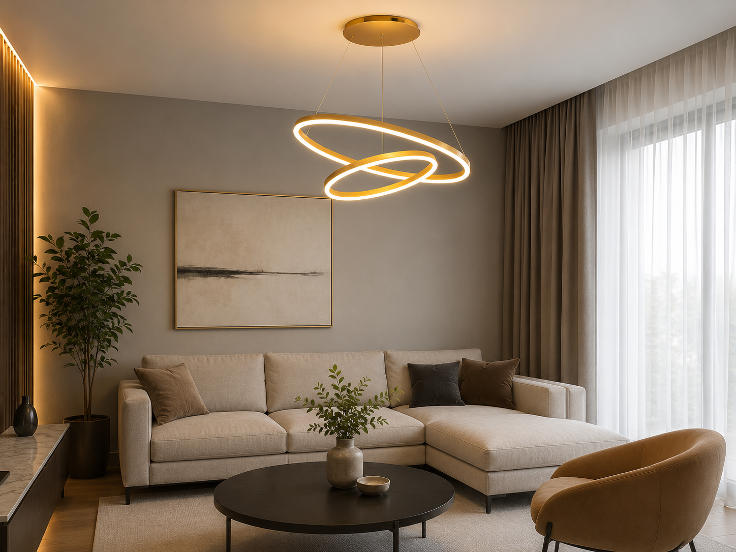 Pendul LED modern cu 2 cercuri suspendate, 140W, Ø500×H1500 mm, lumină reglabilă 3000K–6500K, telecomandă inclusă, finisaj auriu GD