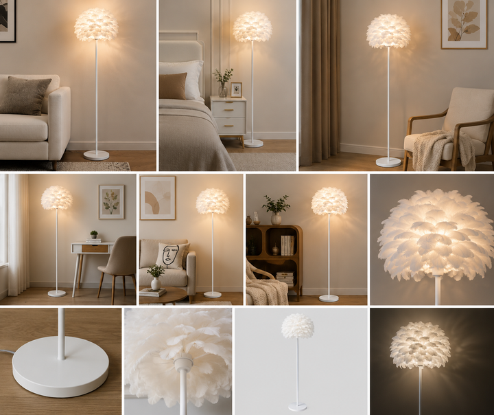 Lampadar PJA125 White – Design Elegant cu Abajur din Pene, Înălțime 158 cm