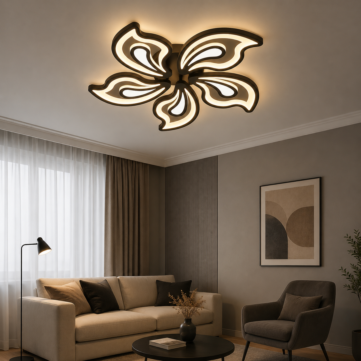 Lustră LED cu design floral, 150W, Ø690×H80 mm, lumină reglabilă 3000K–6500K, telecomandă inclusă