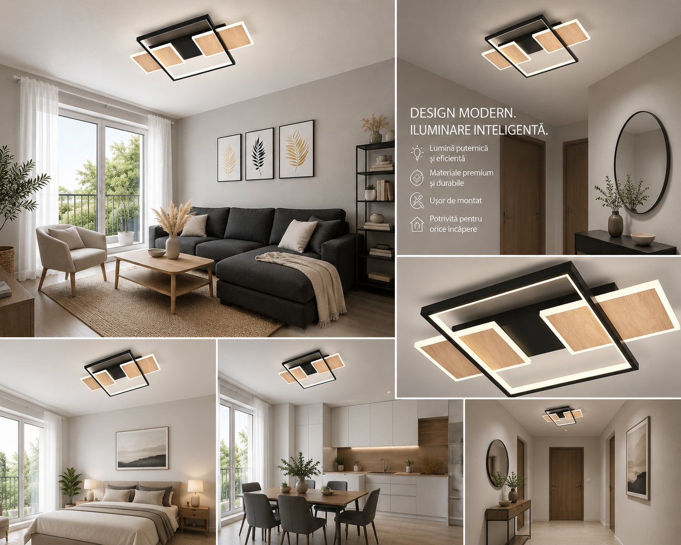Lustra LED 9425/3 – Design Negru cu Accente de Lemn Natural