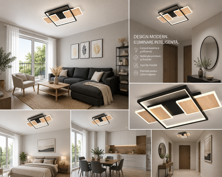 Lustra LED 9425/3 – Design Negru cu Accente de Lemn Natural
